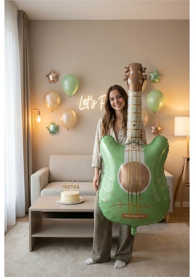 Retro Mat Yeşil Gitar Folyo Balon 46x89 Cm Müzik Temalı Doğum Günü Parti Süsü Çok Renkli