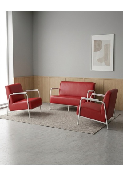Atlas 2+1+1 Deri Ofis Büro Modern Bekleme Koltuk Takımı Beyaz Metal İskelet - Kırmızı