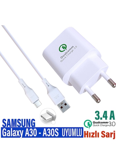 Samsung Galaxy Uyumlu A30 Şarj Aleti - A30s Şarj Cihazı Ve Kablo Hızlı Şarj