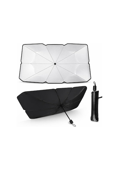 Araba Ön Cam Güneşliği Şemsiye 140x80 Cm - Deri Kılıflı Katlanabilir Oto Güneşlik, Isı Ve Uv