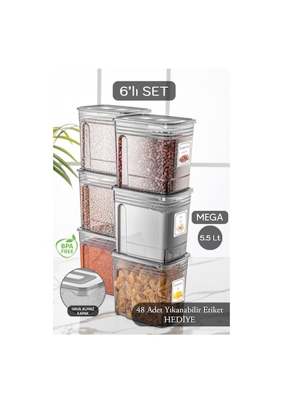 Meleni Home 6'lı Lena Jumbo Set- Un Ve Bakliyat Şeker Erzak Saklama Kabı - Dolap Kiler Düzenleyici Kutu 6x5,5 Lt