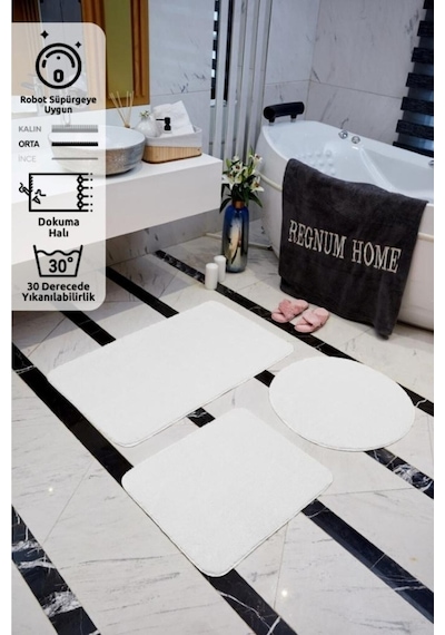 Regnum Halı Banyo Paspası Üçlü Takım Beyaz Renk Peluş Kaymaz Taban Yıkanabilir 60x100 - 60x40 - 60x60 Beyaz