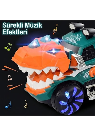 Turuncu-yeşil Hareketli Dinozor Oyuncak Araba - Işıklı, Müzikli, Çarp Dön Özellikli T-rex Kamyon 2 Yaş+ Çok Renkli