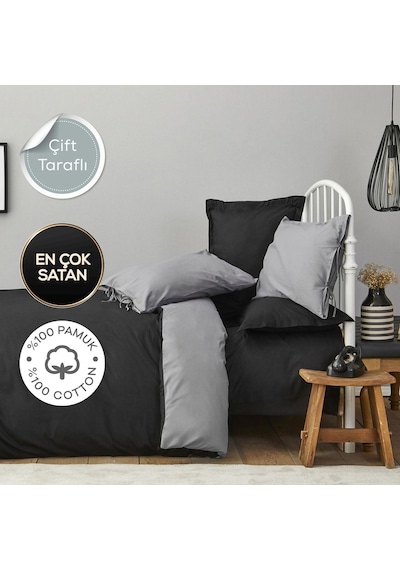 Karaca Home Basic Siyah Koyu Gri %100 Pamuk Çift Taraflı Çift Kişilik Nevresim Takımı Gri