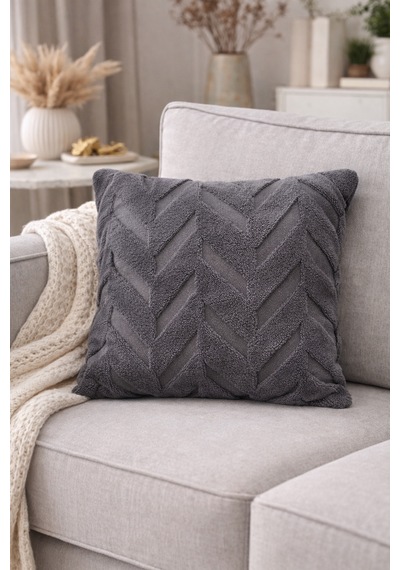Peluş Dekoratif Kırlent Kılıfı İskandinav Zigzag-balıksırtı 4 Lü Set 42x42 Cm Antrasit