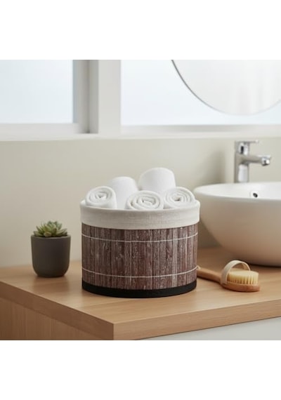 Yuvarlak Bambu Düzenleyici Ve Saklama Sepeti Çok Amaçlı Banyo, Makyaj Ve Ofis Organizeri, Kumaş Astarlı Dekoratif Silindir Kutu 18x13 Cm, Gri 000 Açık Krem