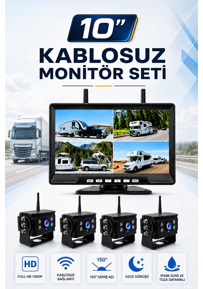 10'' Inç Monitörlü 4 Kameralı Tır Kamyon Otobüs Servis İçin Kablosuz Araç Seti