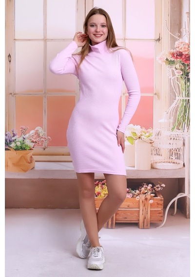 Self Clothing Kadın Pembe Balıkcı Yaka Petek Kumaş Elbise Slf1370 Pembe