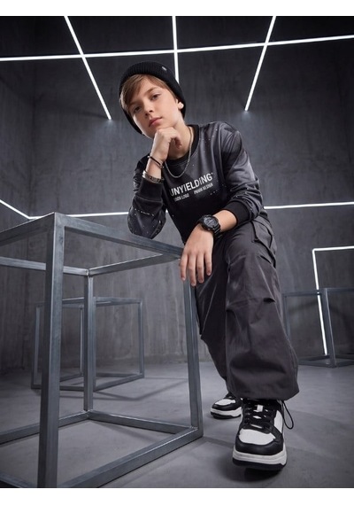 Zekids Erkek Çocuk Batik Desenli Tasarım Sweatshirt-17473 Siyah