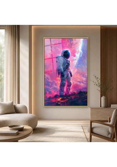 Pembe Bulutlarda Yürüyen Astronot Gold Çerçeveli Cam Tablo