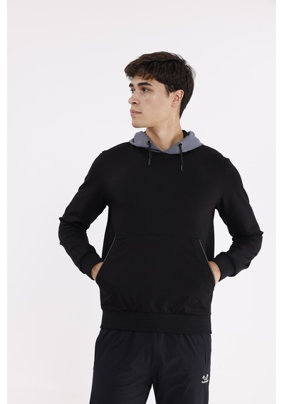 Rowinger Kanguru Cepli Ayarlanabilir Kordonlu Ribana Manşetli Rahat Kesim Kapüşonlu Sweatshirt Black