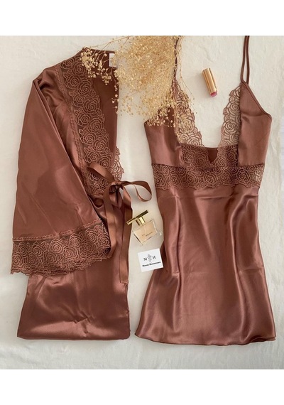 Mh Moony Homewears Soft Touch Saten Gecelik Takımı Kahverengi