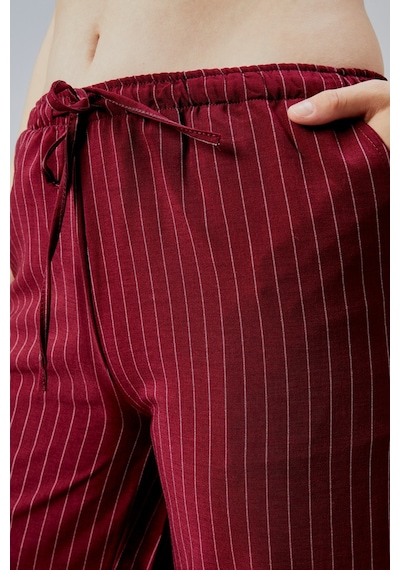 Genius Store Kadın Pantolon Geniş Paça Yüksel Bel Cepli Çizgili Pantolon Çizgili-pantolon Bordo