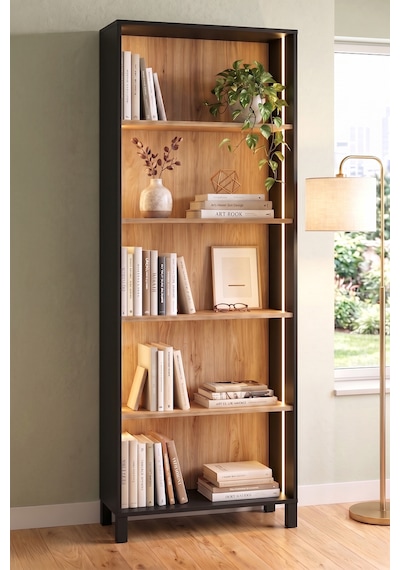Robin Home Prime 5 Raflı Neon Led Işıklı Kitaplık Ahşap Ayaklı Sepet-siyah 183cm
