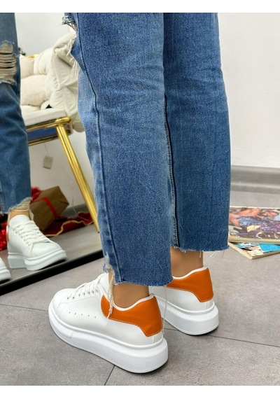 Erva'nın Butiği Beyaz Turuncu Queen Kadın Bağcıklı Sneakers-5023 Beyaz Turuncu Cilt