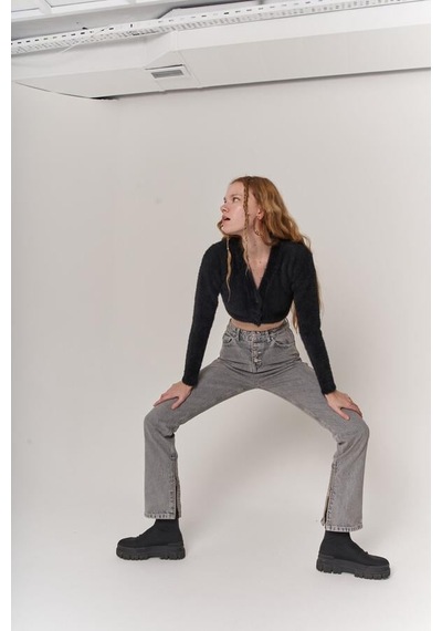 Holly Lolly Likrasız Yüksek Bel Straight Kesim Toll Jean Pantolon Gri