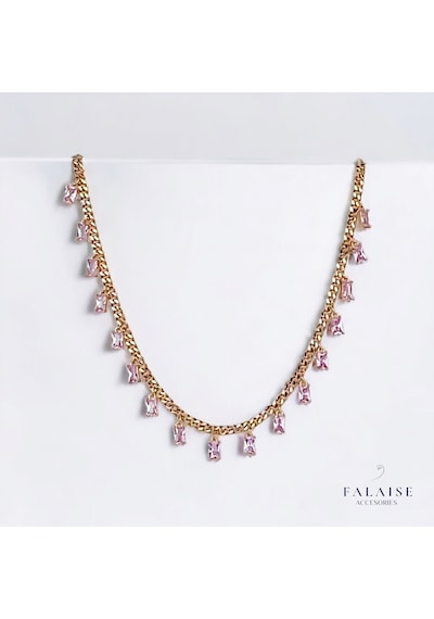 Pembe Baget Taşlı Zincir Kolye 45cm Altın - Pembe