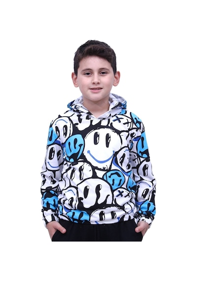 Fyk Kids Gülen Yüz Desenli Kapşonlu Unisex Sweatshirt Mavi
