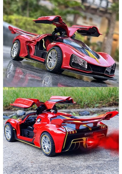 Sesli Işıklı Buhar Atan Metal Die Cast Model Kırmızı Spor Oyuncak Araba 20x8x5 Cm Çok Renkli