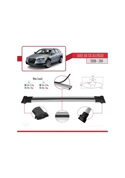 Audi A6 C6 Allroad 2006-2011 Arası İle Uyumlu Fly Model Ara Atkı Tavan Barı Gri 3 Adet Bar