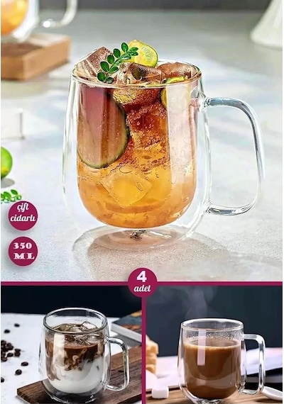 4'lü Çift Cidarlı Bardak 350 Ml Ofis Ev Espresso Borosilikat Kulplu Bardak Kahve Çay Fincanı Kupa