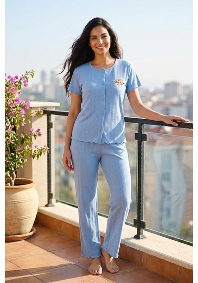 Mataş Kadın Ayıcık Desenli Bambu Viskon Kısa Kollu Yumuşak Soft Örme Pijama Takımı Mavi