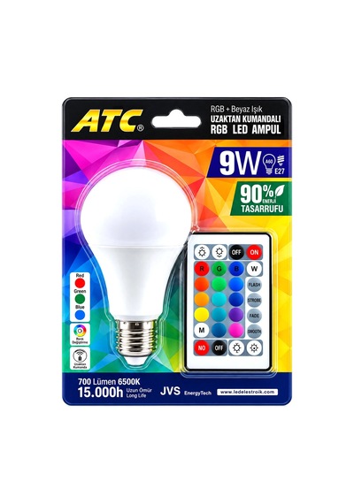 Kumandalı - Rgb 9w 60w - E27 Led Ampul 700lm 15000 Saat Ömür Bx40