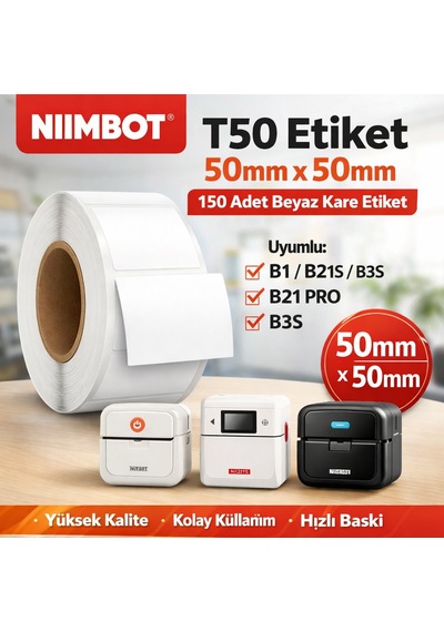 Nıımbot T50 Etiket 50mm X 50mm Tek Kolonda 1li 150 Adet Beyaz Kare B1, B21s, B3s, B21 Pro 1