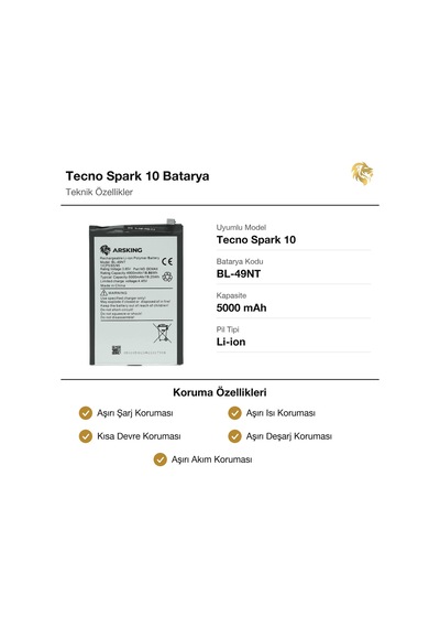 Tecno Spark 10 Uyumlu Güçlendirilmiş Batarya Bl-49nt 5000 Mah Pil Telefon Bataryası Battery