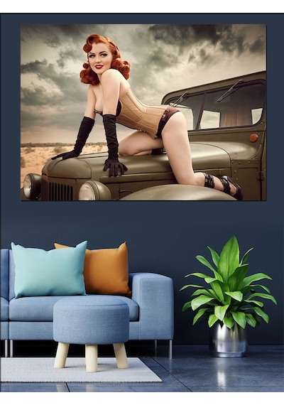 Klasik Arabada Pin-up Kadın Dekoratif Kanvas - Mdf Ahşap Tablo