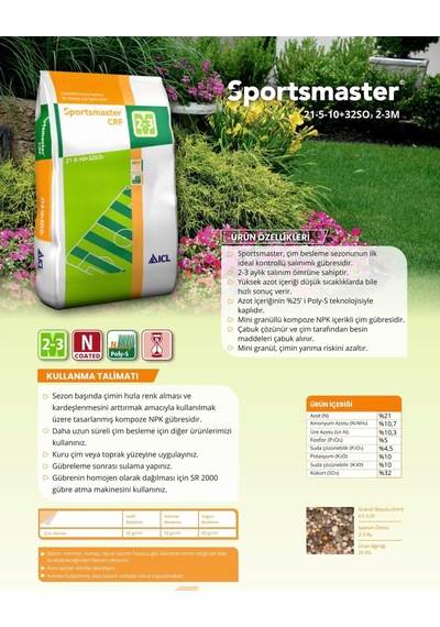 Tr 21-5-10+32so₃ Kontrollü Salınımlı Çim Gübresi 2-3 Ay 25 Kg 0,250
