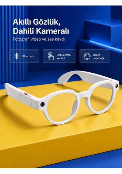 Bluetooth Akıllı Gözlük Dahili Kameralı Dokunmatik Kontrollü 3 Lensli Beyaz