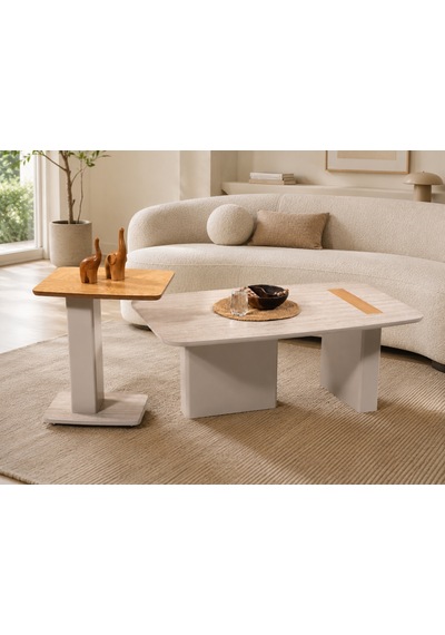 Ganni Home Venedik Orta-zigon Sehpa Seti Traverten Meşe Gri, 2 Li Modern Sehpa Takımı