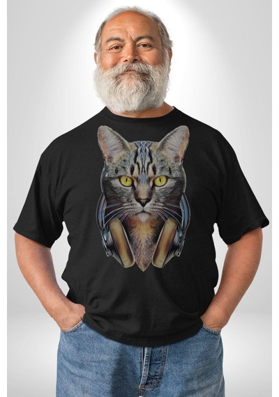 Kulaklık Kedi Unisex Unisex Siyah Organik Baskılı T-shirt Penye Yüksek Kalite Siyah