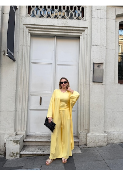 Bonacosa Kadın Viskon 3 Lü Takım Kimono + Beli Lastikli Salaş Pantolon + Sıfır Kol Kolsuz 8 Renk Sarı Bonacosa Kadın Viskon 3 Lü Takım Kimono + Beli Lastikli Salaş Pantolon + Sıfır Kol Kolsuz 8 Renk Sarı
