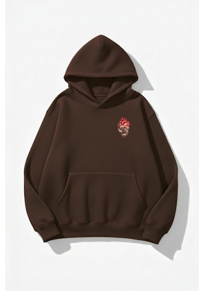 Uyguntarz Unisex Yumuşak Dokulu Canım Kedilerim Baskılı Tasarım Oversize 3 İplik Hoodie Sweatshirt Kahverengi