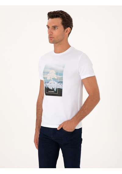 Beyaz Slim Fit Bisiklet Yaka Pamuk Karışımlı T-shirt
