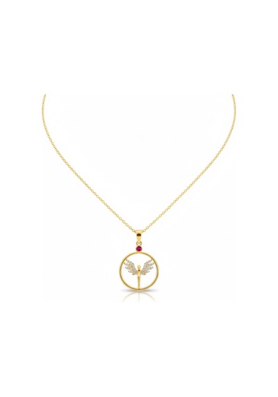 925 Ayar Gümüş Melek Kanadı Figürlü Taşlı Yuvarlak Altın Kaplama Kolye , Sevgiliye Özel Hediye Bk19gold