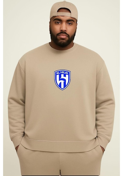 Benroma 3 İplik Penye Al Hılal Baskılı Büyük Beden Unisex Sweatshırt Bej