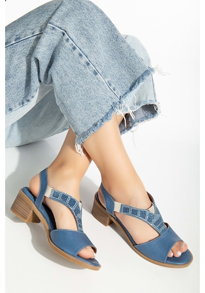 Analin Shoes Kadın Hakiki Deri Lastikli Rahat Taşlı Sandalet Kot Mavi