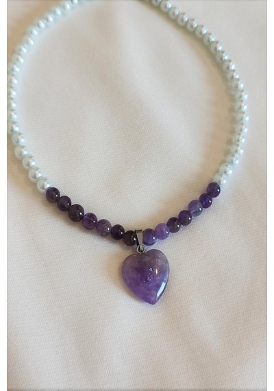 Bade Accessories 6 MM Ametist Cam Inci Doğaltaş Choker Kolye Beyaz