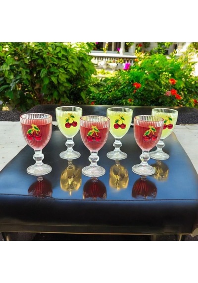 6 Lı Kristal Cam Kahve Yanı Bardağı Kiraz Bardak Kirazlı 75ml çok renkli