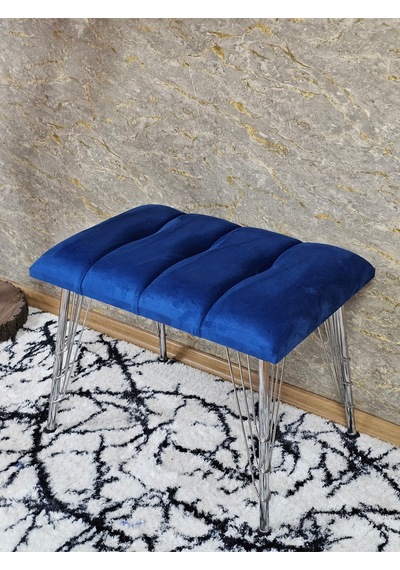 Zafir Metal Krom Tel Ayaklı 60 Cm Puf Bench - Puf - Bench - Oturak - Mutfak Oturağı - Antre Oturağı Mavi