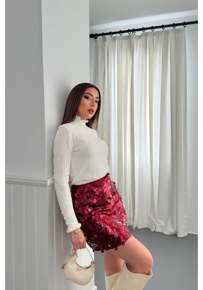 Alemdarshop Bordo Pullu Kısa Etek