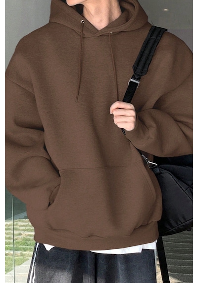 Genius Store Erkek Sweatshirt Kanguru Cepli İçi Polarlı 3 İplik Kapüşonlu Oversize Sweatshirt Kanguru-sweatshırt Kahverengi