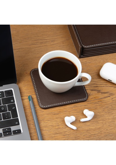 Bardak Altlığı,6 Lı Set,masaüstü Kare Cup Coaster,vegan Suni Deri,11x11 Cm.,kahverengi