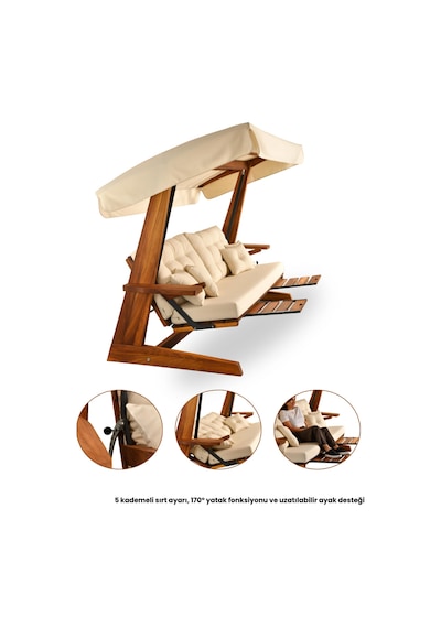 Luna Deluxe 2600 Iroko Beş Kişilik Ahşap Bahçe Salıncağı Krem