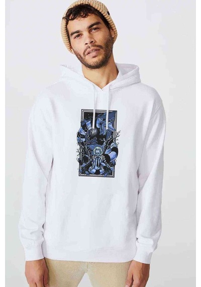 Baskılı Baskılı Beyaz Erkek Örme Kapşonlu Sweatshirt