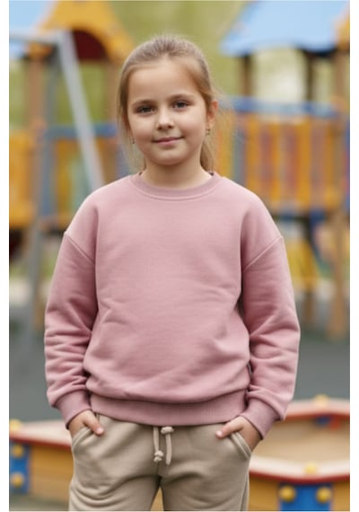Kız Çocukları İçin 3 İplik Kumaş Pudra Rengi Sweatshirt %100 Pamuk Pudra