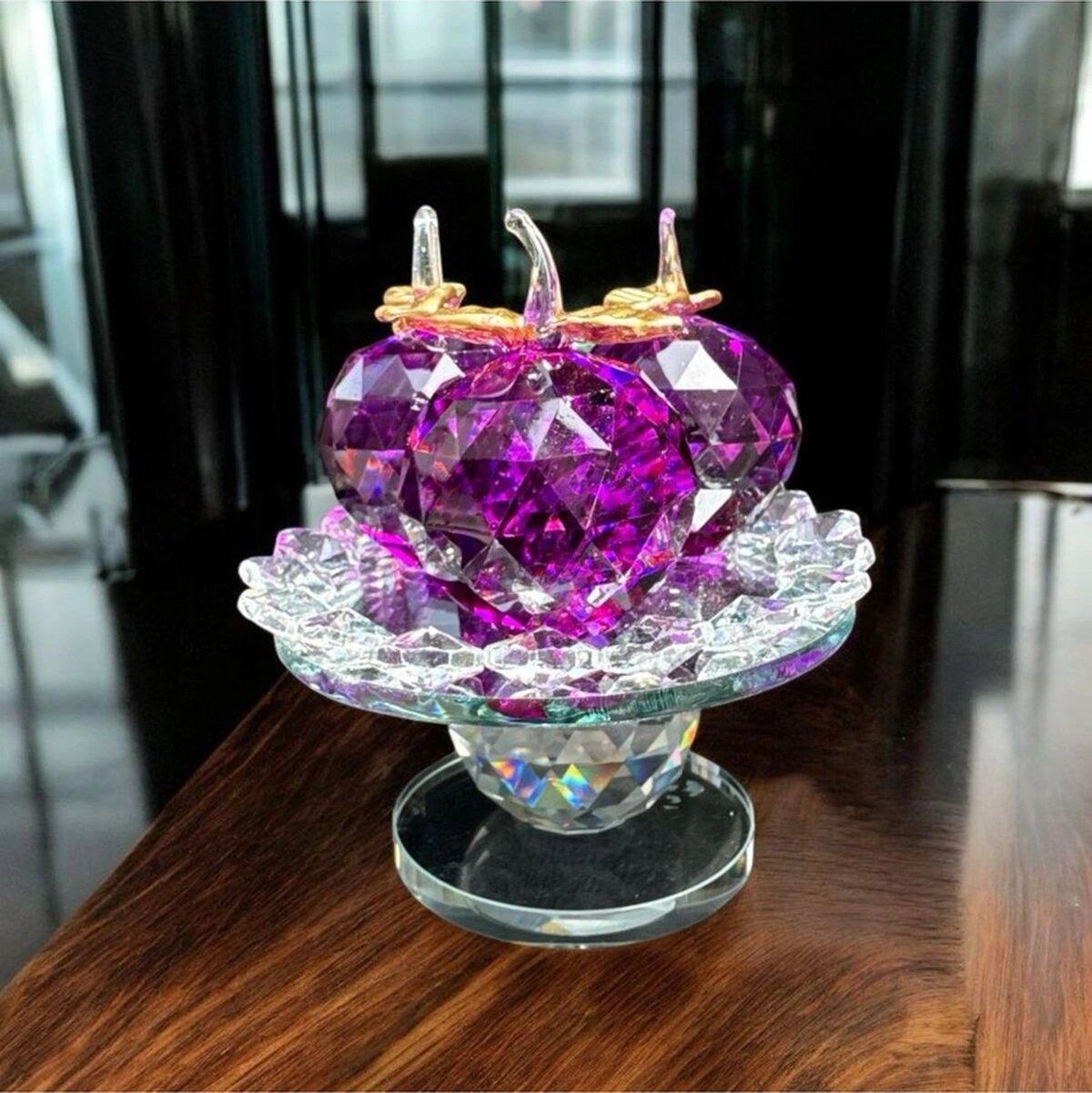 Dekoratif Kristal Cam Ayaklı Üçlü Elma Mor